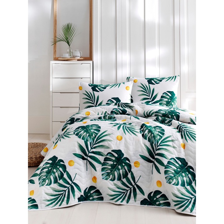 Set cuvertura quilted King, COLOUR COTTON, verde monstera, 240x220cm, 2 fete de perna 60x60cm