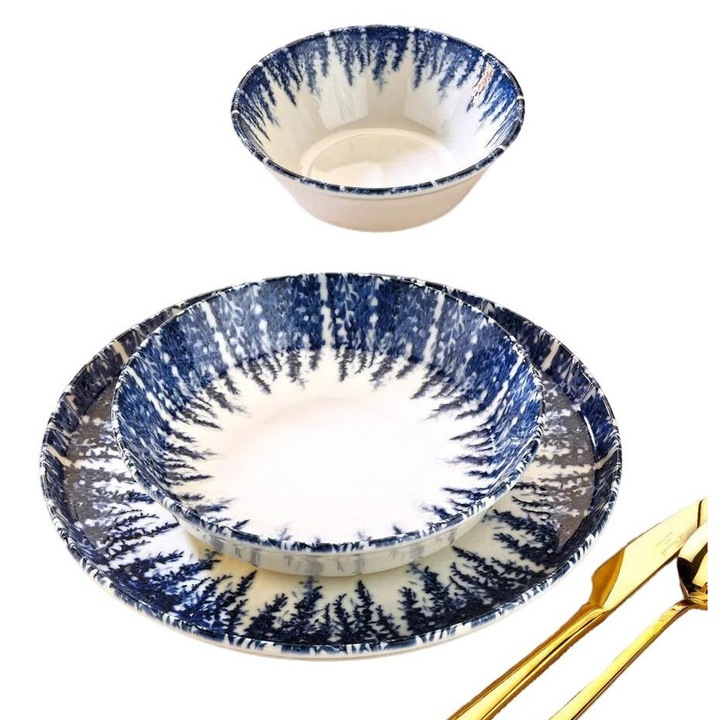 Set de masa, 12 piese, Hermia Concept, portelan, alb/bleumarin