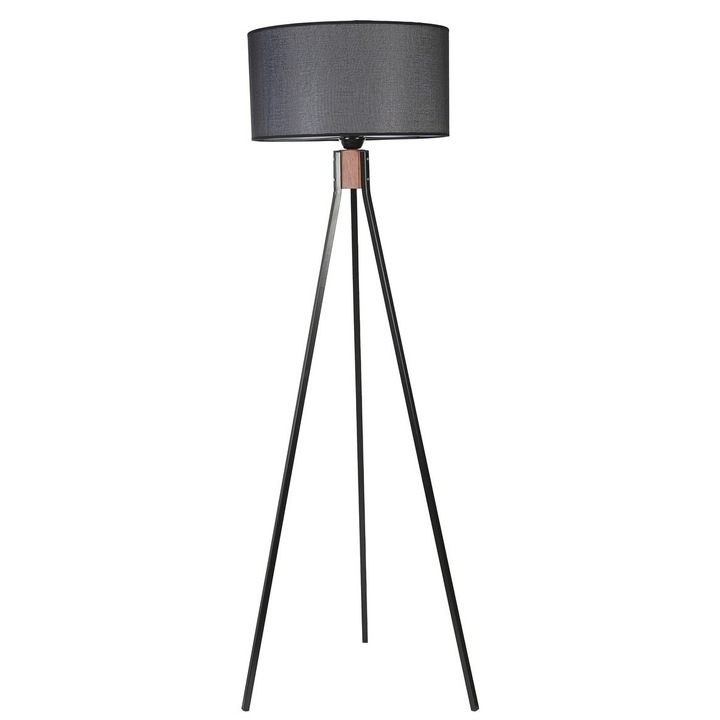 Opviq állólámpa, háromlábú modell, fém és fa, fonott bura, 155 cm, fekete