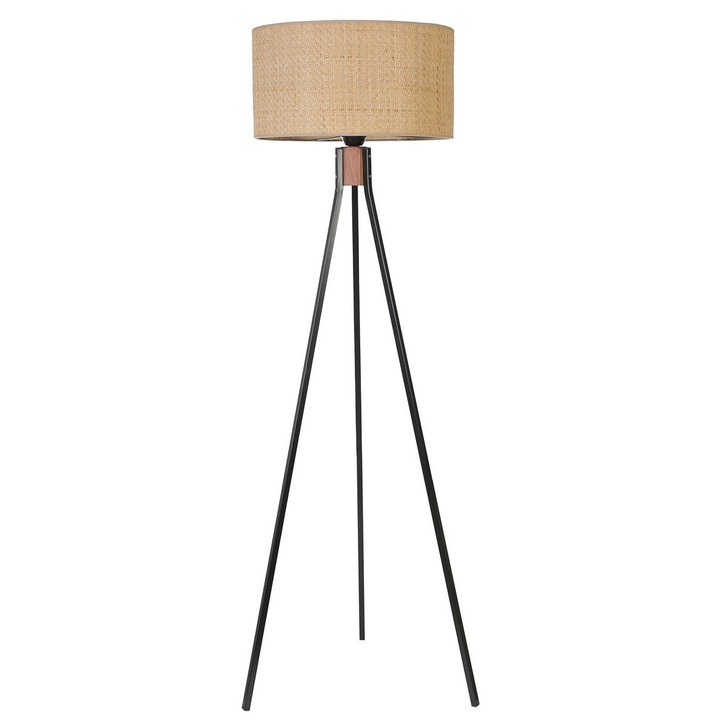 Lampadar Opviq Fisco, corp metalic si lemn, abajur ratan, negru/maro, 46x46x155cm