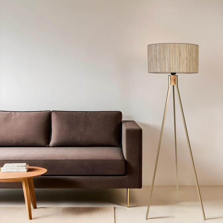 Lampa de podea, Opviq, model Fisco, metal si lemn, capac bambus, 155 cm, 46 cm diametru.