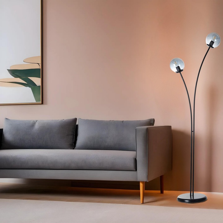 Подова лампа Opviq, модел 1775, метална, 165 см, черна, с абажур от опушено стъкло