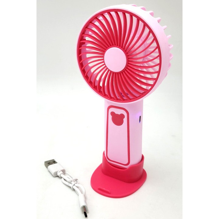 Ventilator Mini cu Suport, Portabil, Incarcare USB, 3 Trepte de Viteza, Roz