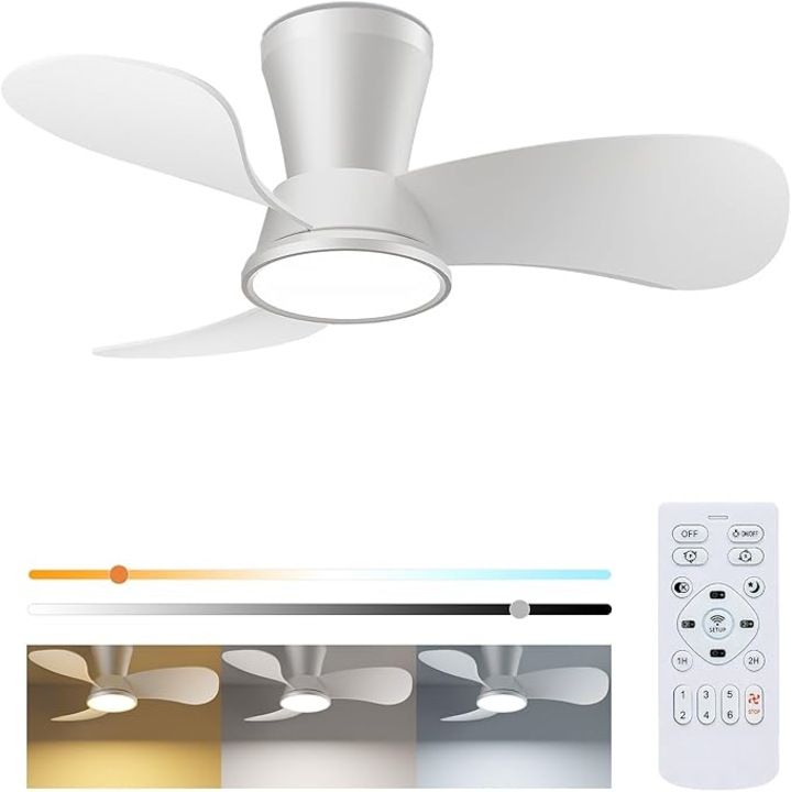 Ventilator de tavan cu iluminare, 6 viteze, 30 dB, diametru 76 cm, 3 temperaturi de culoare reglabile 3000 K/4500 K/6000 K, cu functie de temporizare, telecomanda, panou luminos LED 20 W 1800 lm, functie vara-iarna, alb