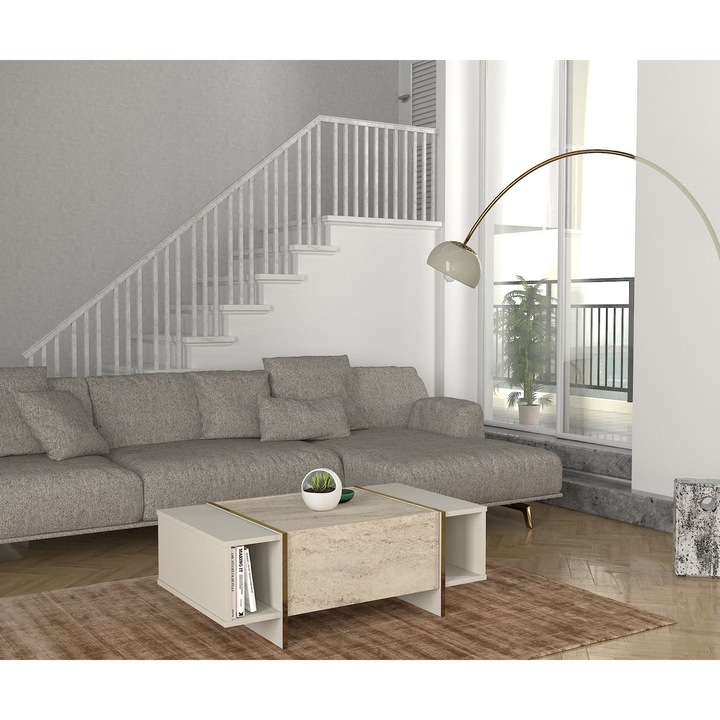 Masa de cafea, Woody Fashion, 103,8x37,3x60cm, 100% melamina, cu rafturi suplimentare