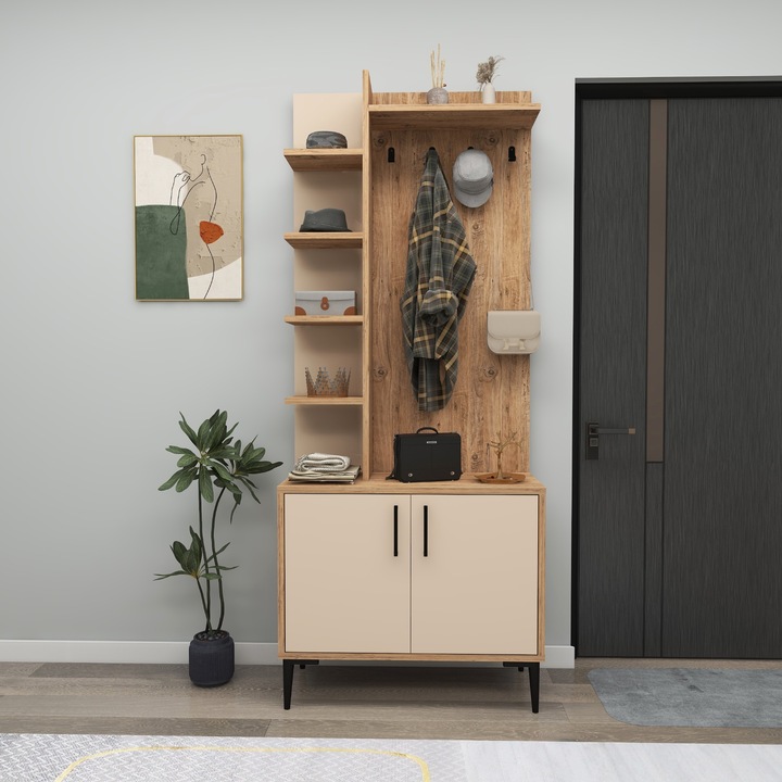 Cuier Naomi, Woody Fashion, 74,4x182,8x33cm, 100% melamina, cu rafturi multiple, set