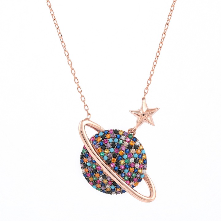 Colier argint 925, Heliophilia, 2x2cm, placat cu aur roz, lungime 42cm, multicolor