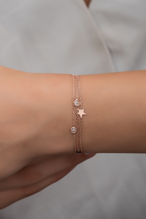 Bratara din argint 925, Heliophilia, auriu roz, piatra zircon, lungime 17cm