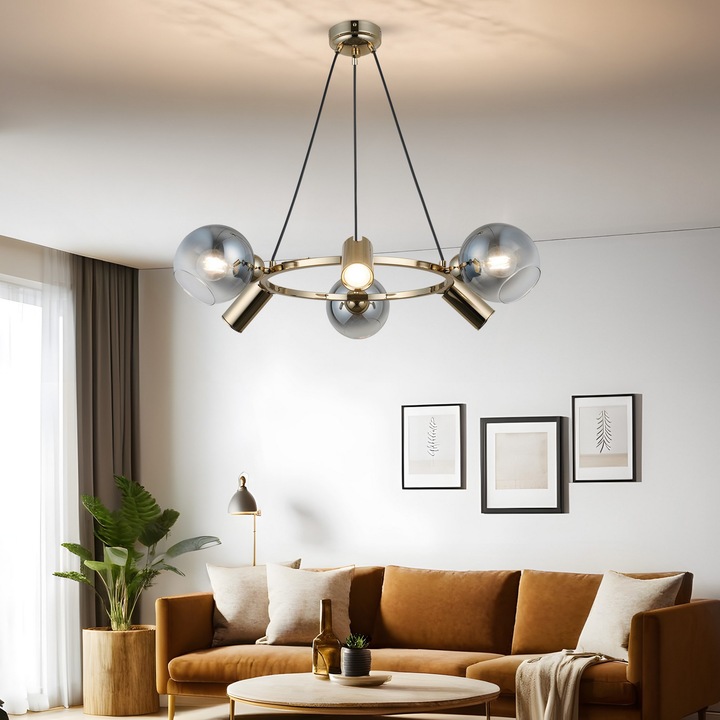 Lustra Collins, Opviq, auriu, metal, sticlă, 30-110cm, dimensiuni bază 11,5x11,5x3cm