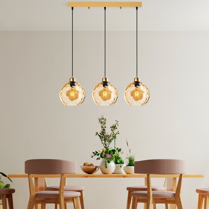 Candelabru Opviq Aliza, metalic, ajustabil 40-120cm, diametru abajur 20cm, 3xE27, antic/galben