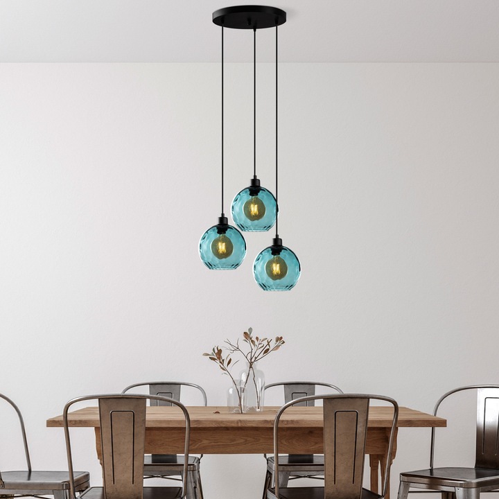 Lustra metalica Opviq Aliana, dimensiuni 44x44x120cm, lungime cablu 90cm, tip soclu 3xE27, negru/albastru