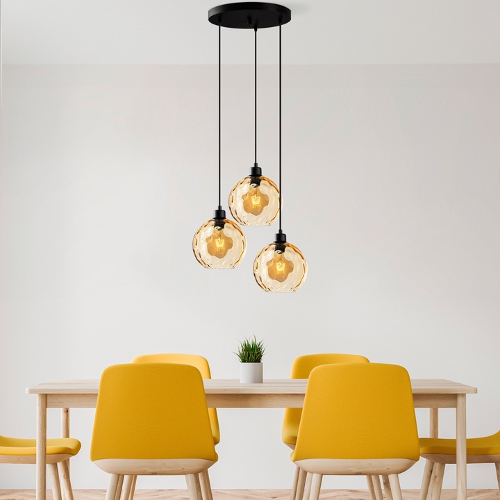 Lustra Julie, Opviq, metalica, 44x44x120cm, înălțime ajustabilă, priza 3xE27, max 40W, galben