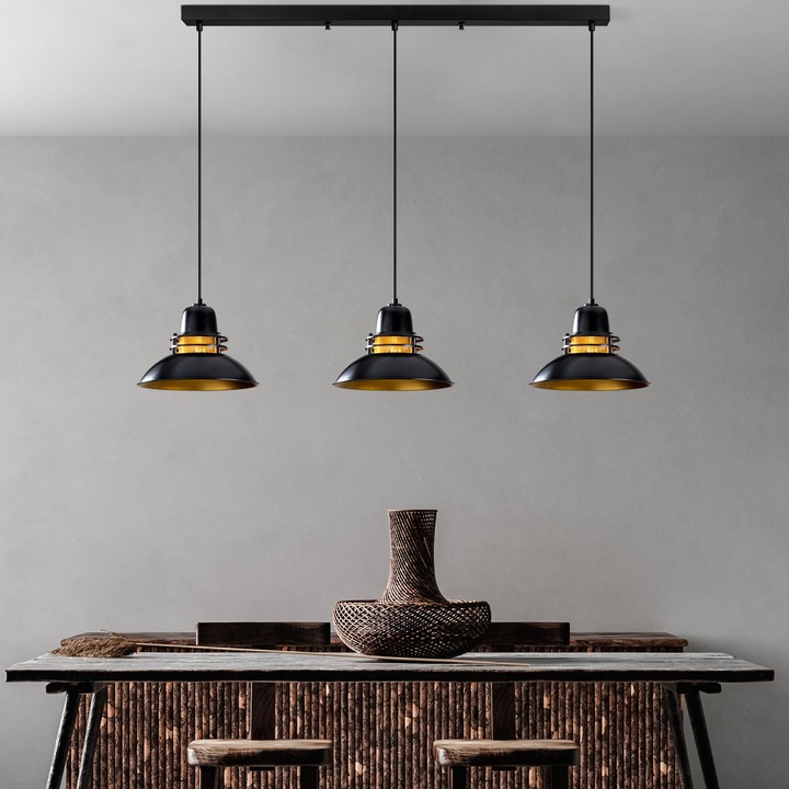 Lustra metalica Opviq Zahra 144x34x123cm, înălțime reglabilă 37-123cm, 3xe27 max 40W, negru/auriu