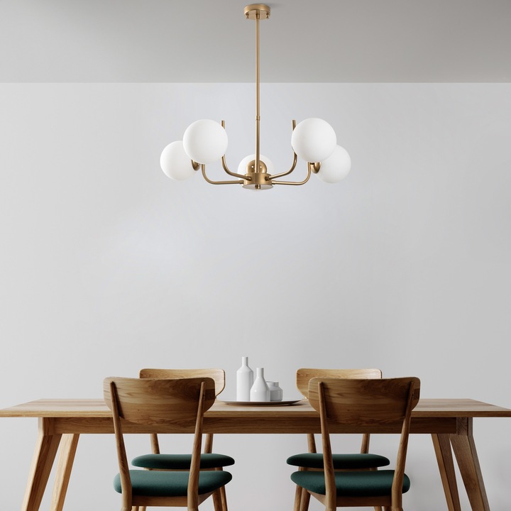 Candelabru metalic Opviq Kimber, sticlă, 30-70cm, diametru 69cm, tip soclu5xE14, IP20, antic/alb