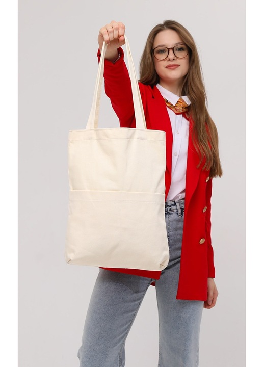 Geanta tote, Garbalia, 35x40x8cm, crem, 2 buzunare exterioare, 1 buzunar interior