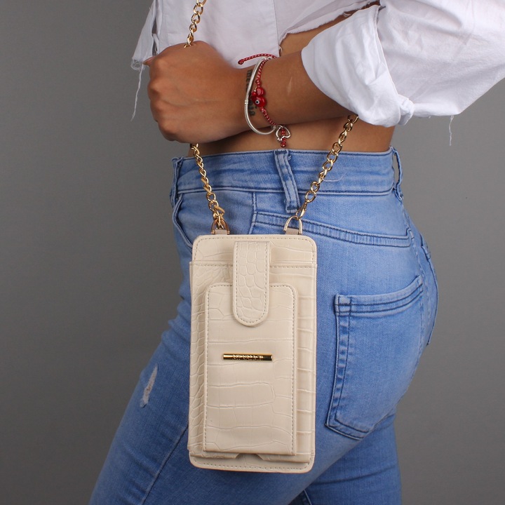 Bőr crossbody táska, Garbalia, telefontartóval, 6 kártyatartóval, 10x19cm, szín: fekete, lánchossz 118cm