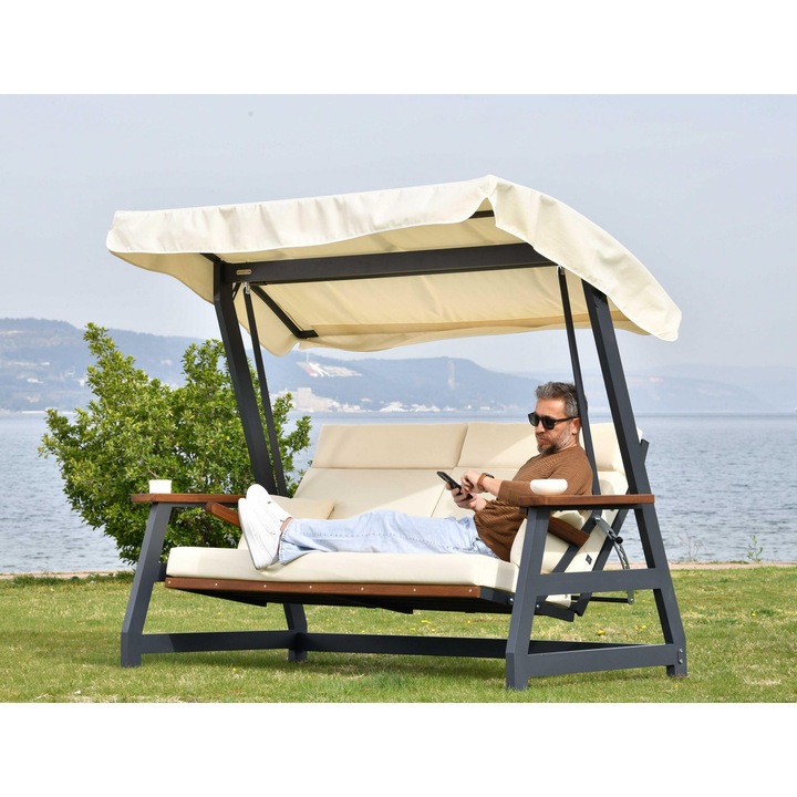 Тройна градинска люлка Woody Fashion, 190x226x122см, 400кг, с подвижни възглавници, бежова, черна