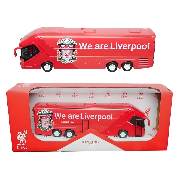 Liverpool FC buszmodell, hivatalos csapatbusz, öntött, fém, 1:50 méretarány, 25 cm hosszú, a futballklub jelvényével ellátva, gyűjteménybe, ajtók nyitószerkezettel