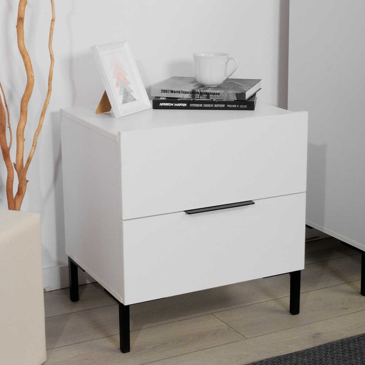 Noptiera, Woody Fashion, 2 sertare, alb, 55x59x44cm