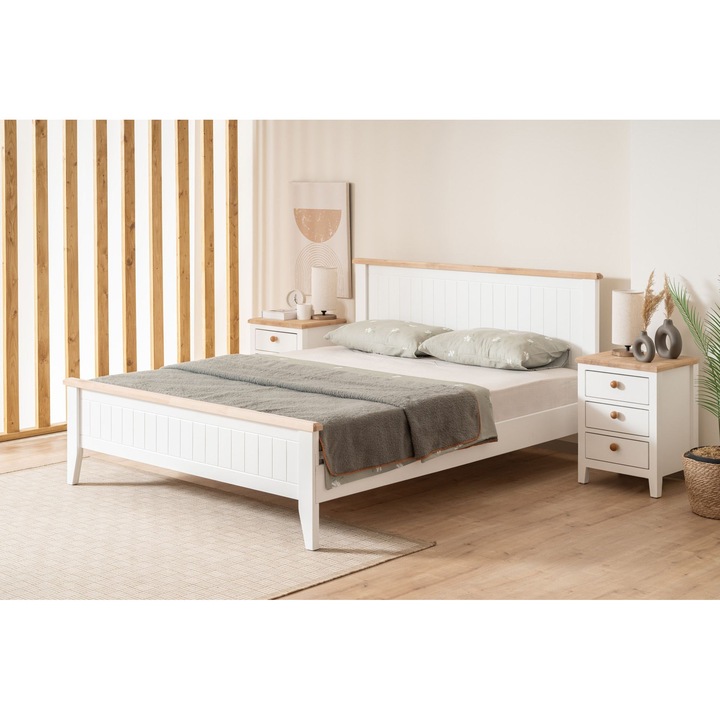 Pat dublu Woody Fashion, lacuit, alb, 120x200x98 cm