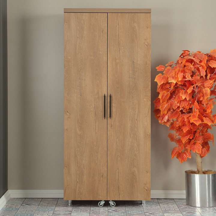 Dulap bucatarie Woody Fashion, multifunctional, stejar inchis, 80x180x42cm, cu roti, 8 rafturi