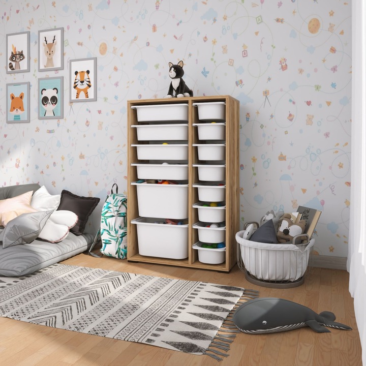 Dulap multifunctional, Woody Fashion, 69.5x30x109cm, maro/alb, pentru organizare jucarii