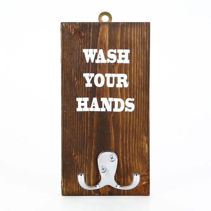 Suport prosoape decorativ 'Wash your hands', Woody Fashion, maro/alb, agatare perete