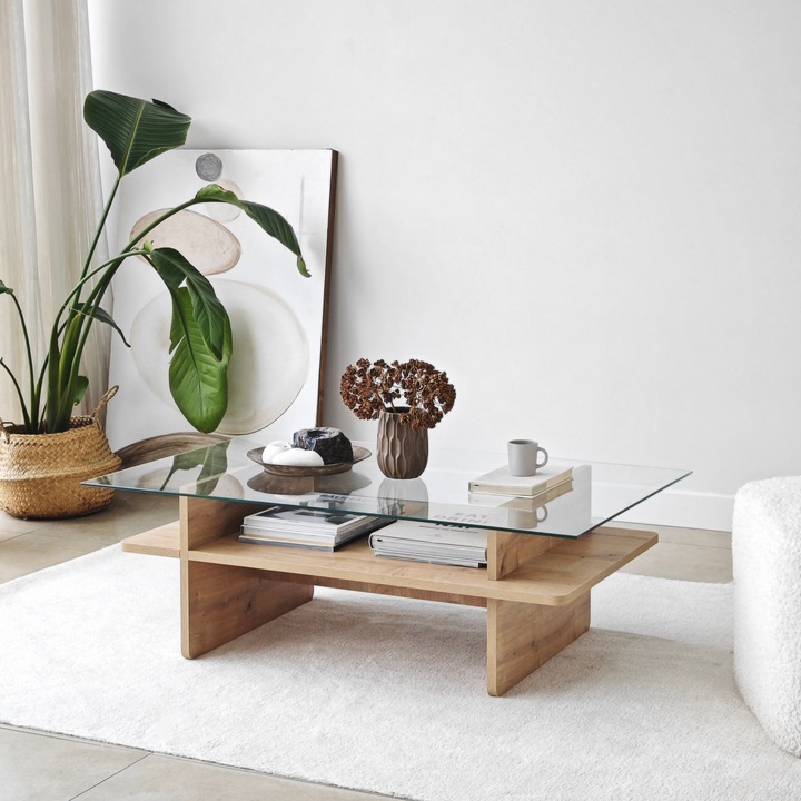 Masa de cafea rectangulara, Woody Fashion, 100% sticla securizata, 105x35x65cm, transparent