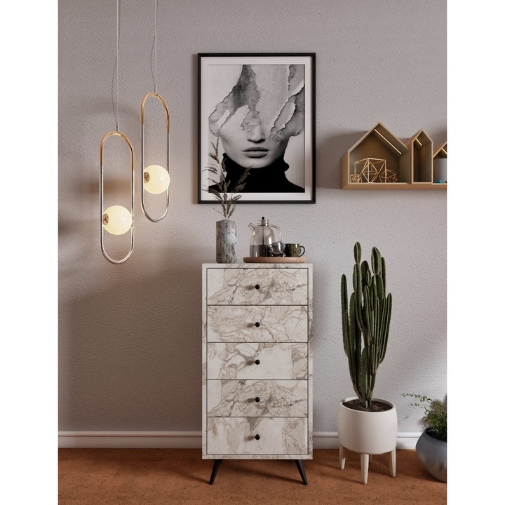 Comoda Woody Fashion, model Ephesus Marble, 5 sertare, 50x40x103cm