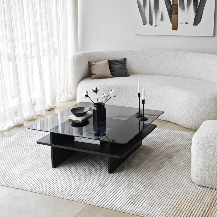 Masa de cafea Saga patrata, Woody Fashion, neagra, fumurie, 90x35x90cm