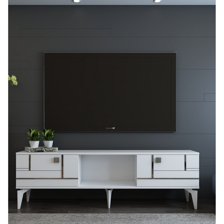 Comoda TV Woody Fashion, alb, argintiu, 150x44,6x29,6cm, set 1 bucata