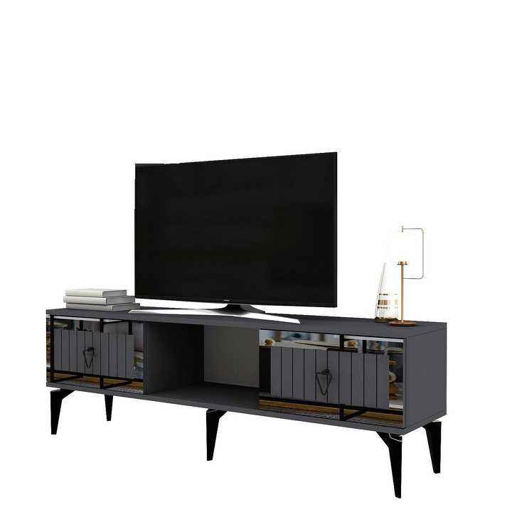 Comoda TV Linda, Woody Fashion, antracit, argintie, 150x44,6x29,6cm, 1 set
