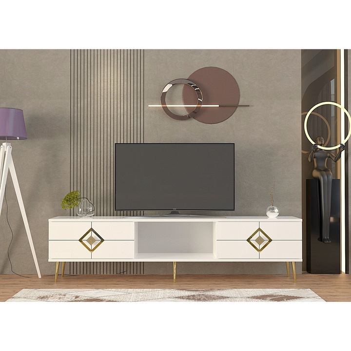 Comoda TV, Woody Fashion, alb, auriu, 150x40,6x29,6cm, set 1 bucata