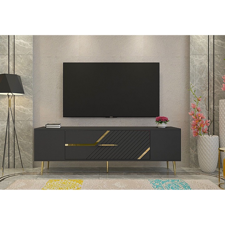 Comoda TV Woody Fashion, model Dekolp5, 150x48,2x29,6cm, antracit, auriu