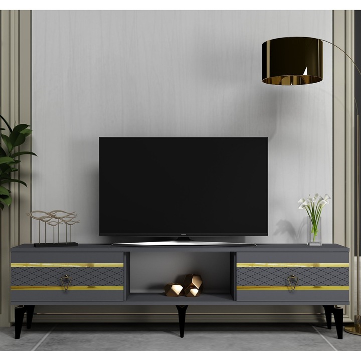 Comoda TV, Woody Fashion, antracit, auriu, 150x44,6x29,6cm