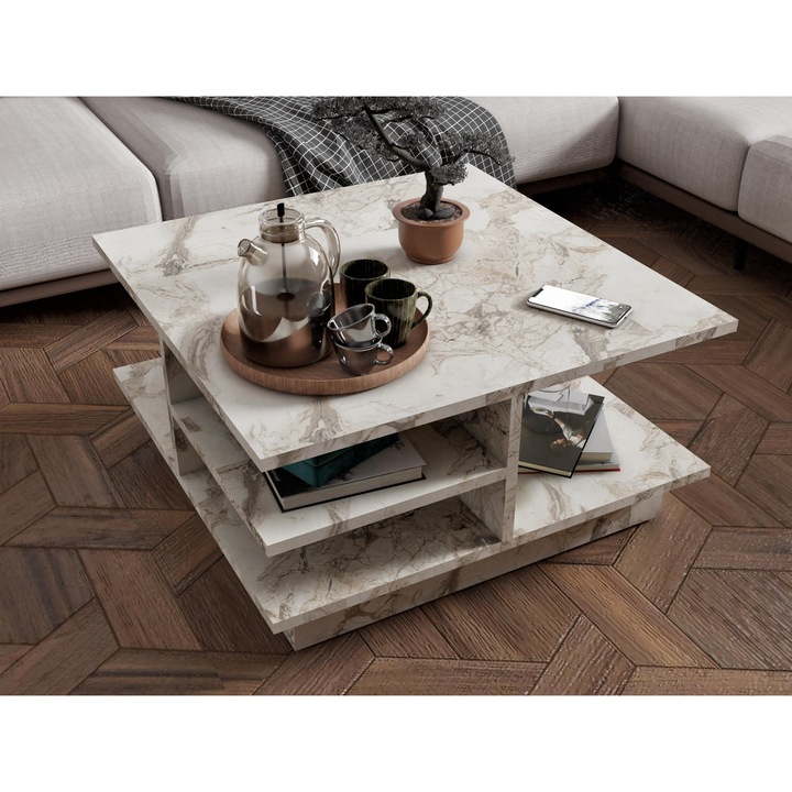 Masa de cafea Woody Fashion, model Ephesus, 80x40x80cm, cu multe rafturi, picioare din plastic