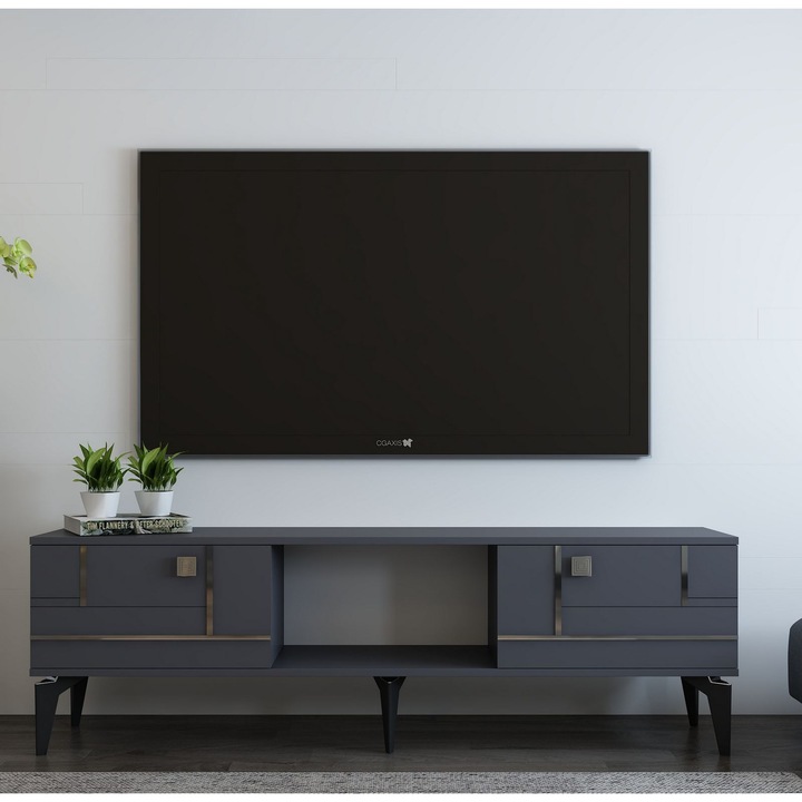 Comoda TV Woody Fashion, 150x44,6x29,6cm, antracit, argintiu, set 1 bucata