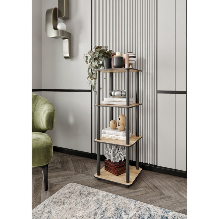 Biblioteca 4 etaje, Woody Fashion, lemn stejar, 34x106x34cm, picioare din lemn