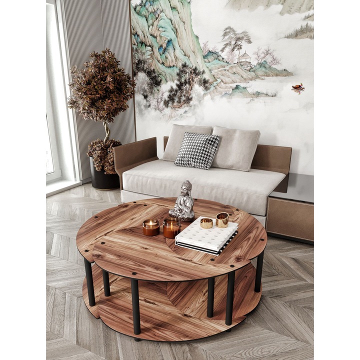 Set masa de cafea Woody Fashion 70x70x38cm, nuc, picioare din lemn