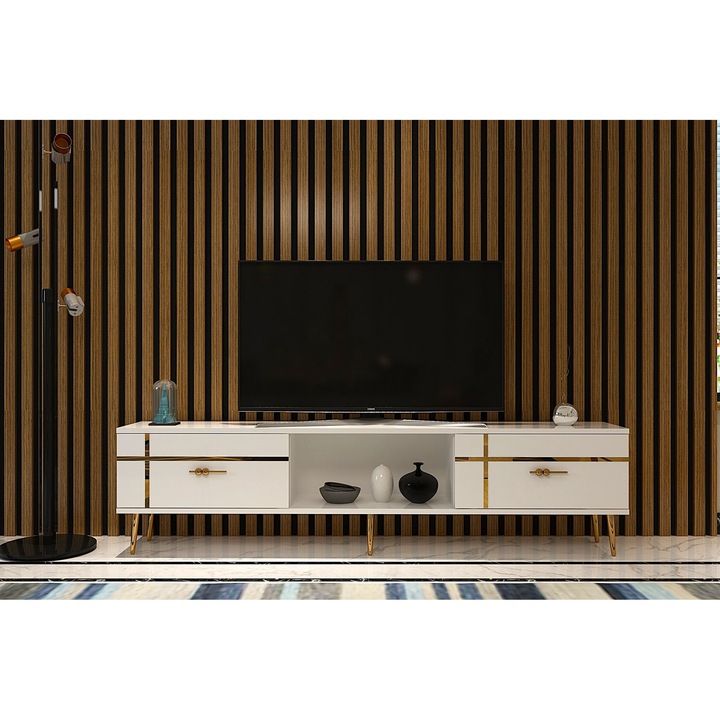 Comoda TV Woody Fashion, alb, auriu, 150x40,6x29,6cm, set