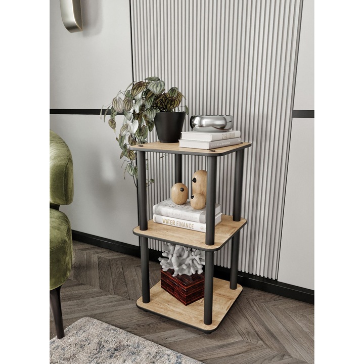 Biblioteca 3 etaje patrata, Woody Fashion, lemn stejar, 34x72x34cm, picioare din lemn