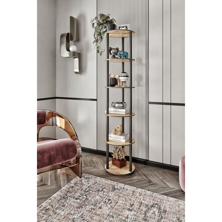 Biblioteca 6 rafturi, Woody Fashion, stejar, 34x175x34cm, picioare din lemn