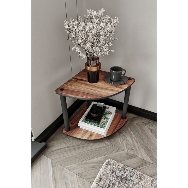 Ъглова масичка с рафтове, 2 нива, Woody Fashion, орех, 34x38x34см