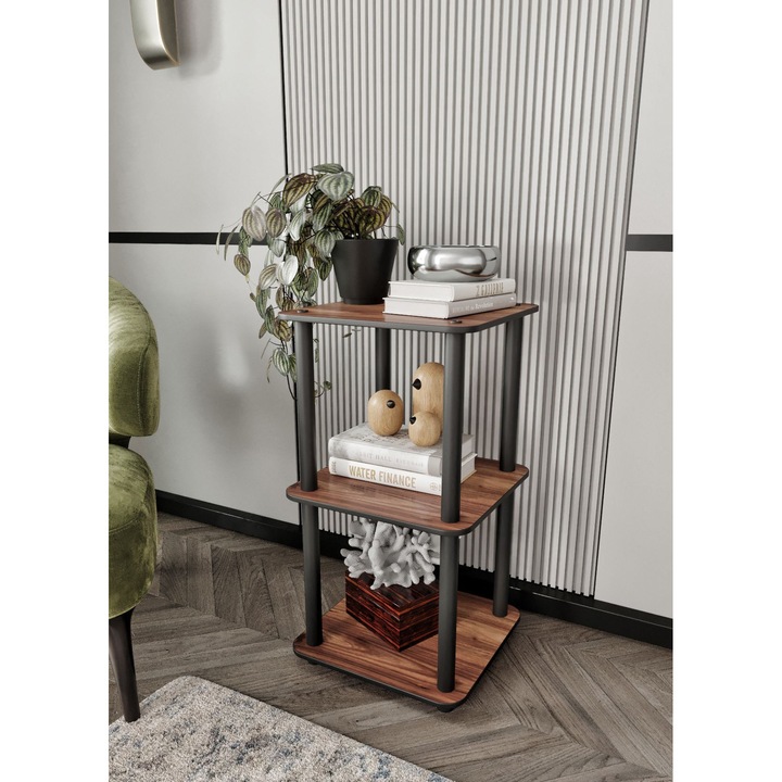 Raft 3 etaje, Woody Fashion, nuc, 34x72x34cm, picioare din lemn