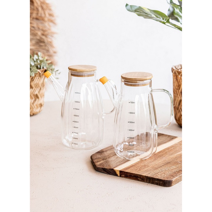 Dispenser de ulei, Hermia Concept, 12x8x17cm, 700ml, sticla cu capac din bambus