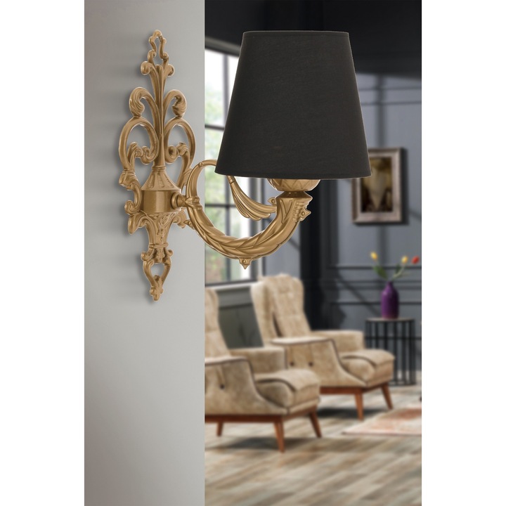 Метална стенна лампа, Opviq, модел лилия, черно и златно, размери 15x10x13см, обща височина 24см