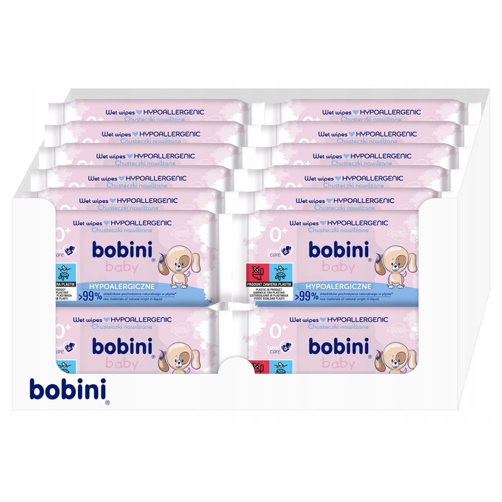 Комплект от 24 пакета мокри кърпички BOBINI бебе, хипоалергенни, 60 бр., pH неутрални