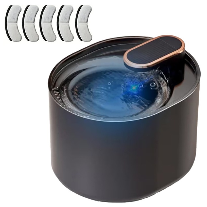 Комплект автоматичен диспенсър за вода за котки и кучета + 5 филтъра NEXTLY, капацитет 3 л, филтър с активен въглен и памук с нано балончета, ултра тих, LED светлина, USB захранване, матово черно