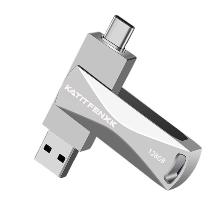 USB 3.0 памет, KATITFENXK®, 128GB, високоскоростна, архивиране на файлове, 2 в 1 флаш устройство, Type-C адаптер, USB-A, подходящо за мобилни телефони, компютри и таблети, сребристо