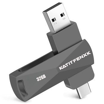 Stick Memorie USB 3.0, KATITFENXK®, 32GB, High Speed, Backup fisiere, Flash Drive 2 in 1, Adaptor Type-C, USB-A, Potrivit pentru telefoane mobile, computere si tablete, Negru